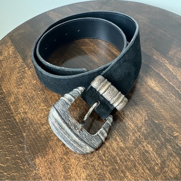 Black 100% Suede Cowboy Belt with Silver Buckle - Picture 1 of 4